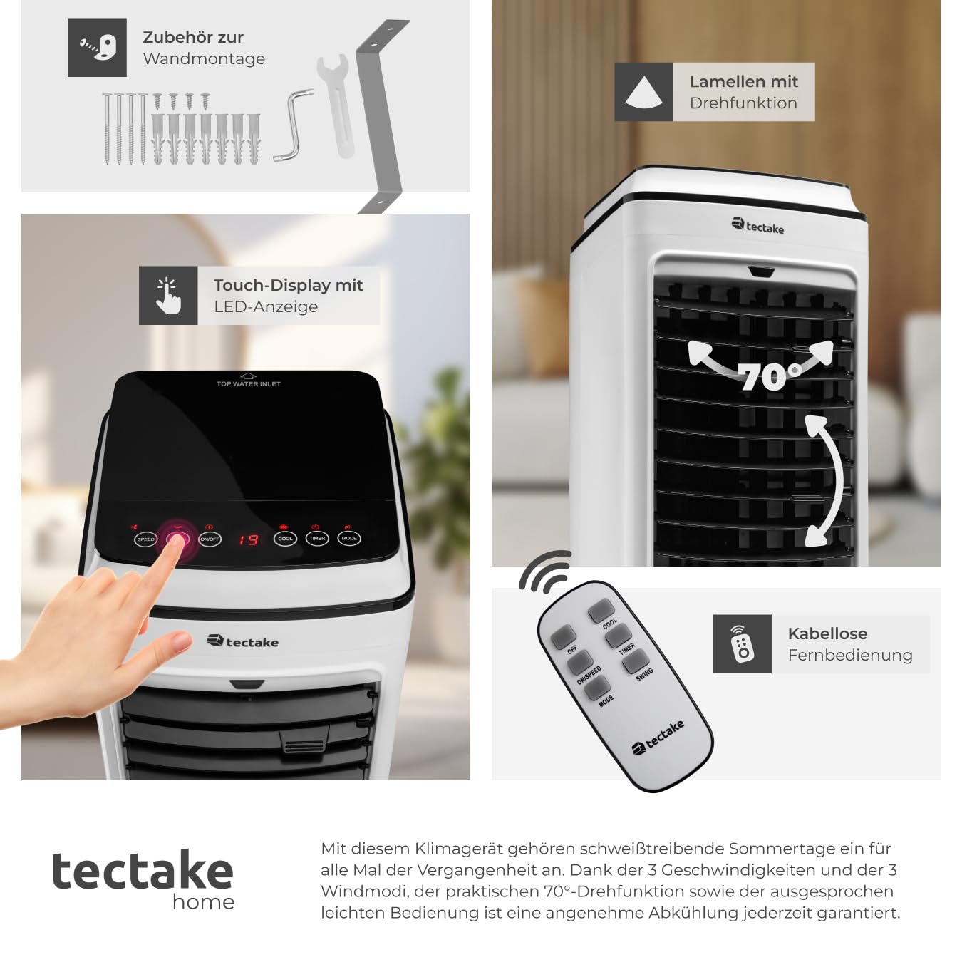 tectake® Mobiles Klimagerät 3in1, Ventilator, Air Conditioner ohne Abluftschlauch, mobiler Luftkühler mit Fernbedienung und Timer, portable Kühlung und Luftbefeuchter für Schlafzimmer oder Büro