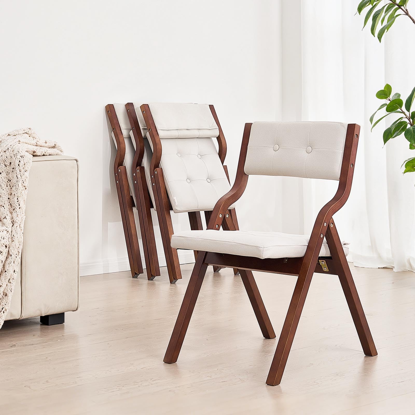 VEVOR Chaise Pliante en Bois avec Coussin, Lot de 2, Chaise de Salle à Manger Portable rembourrée Moderne avec Coussin d'assise Pliable, pour Cuisine, Bureau, Mariage, fête, Montage Facile, Blanc