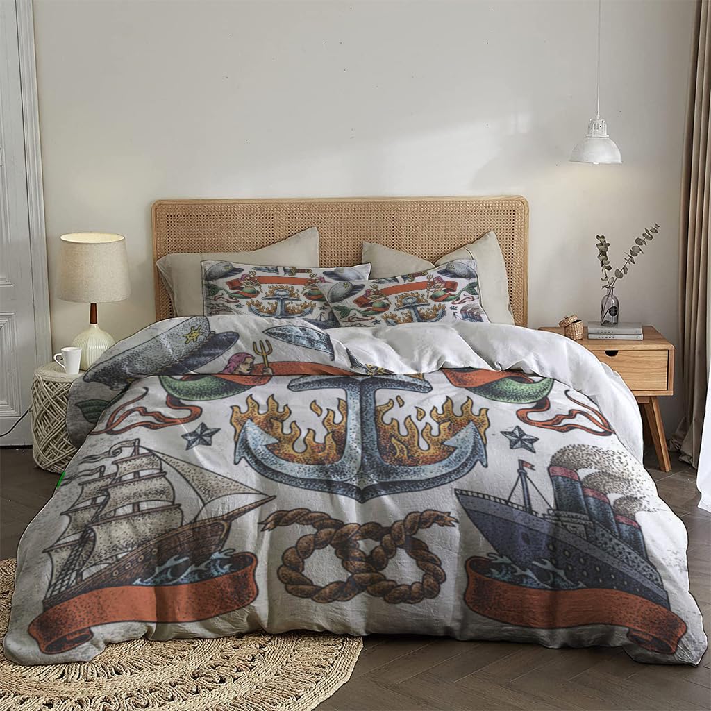 NIBAINLO 布団カバータトゥーマーメイド航海船レトロスタイル 肌に優しい ピーチスキン加工 掛け布団カバー 和式 洋式 あったか 布団カバーセット リバーシブル ホームステイ ホテル 家庭兼用