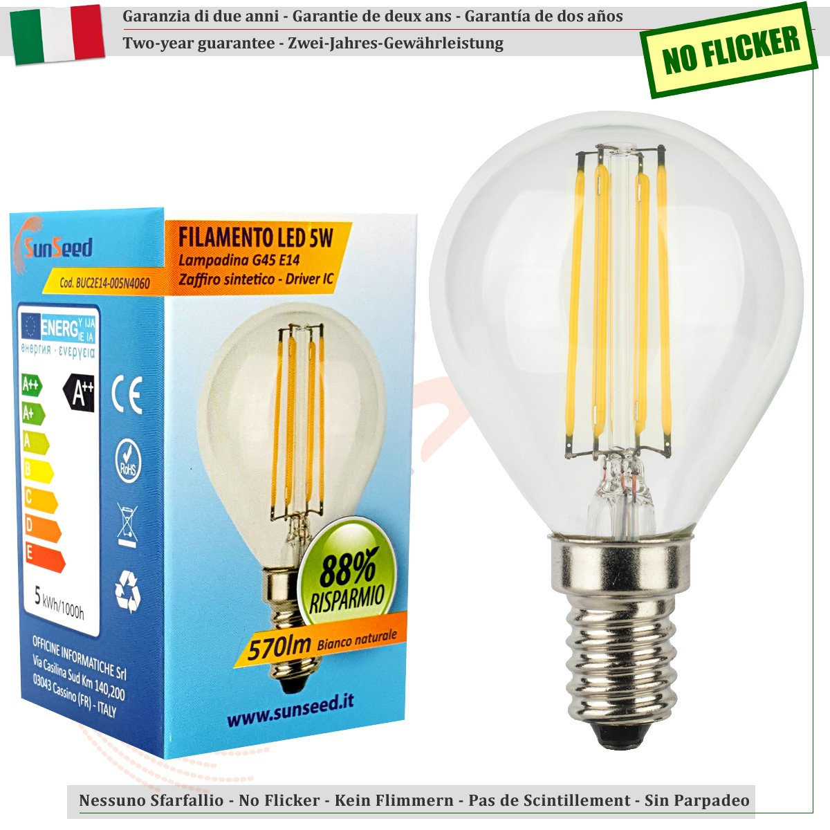 SUNSEED 4 X E14 5W (Equivalent to 48W) Sapphire Filament LED Golf Ball Light Bulb G45 Neutral White 4000K - Image 2