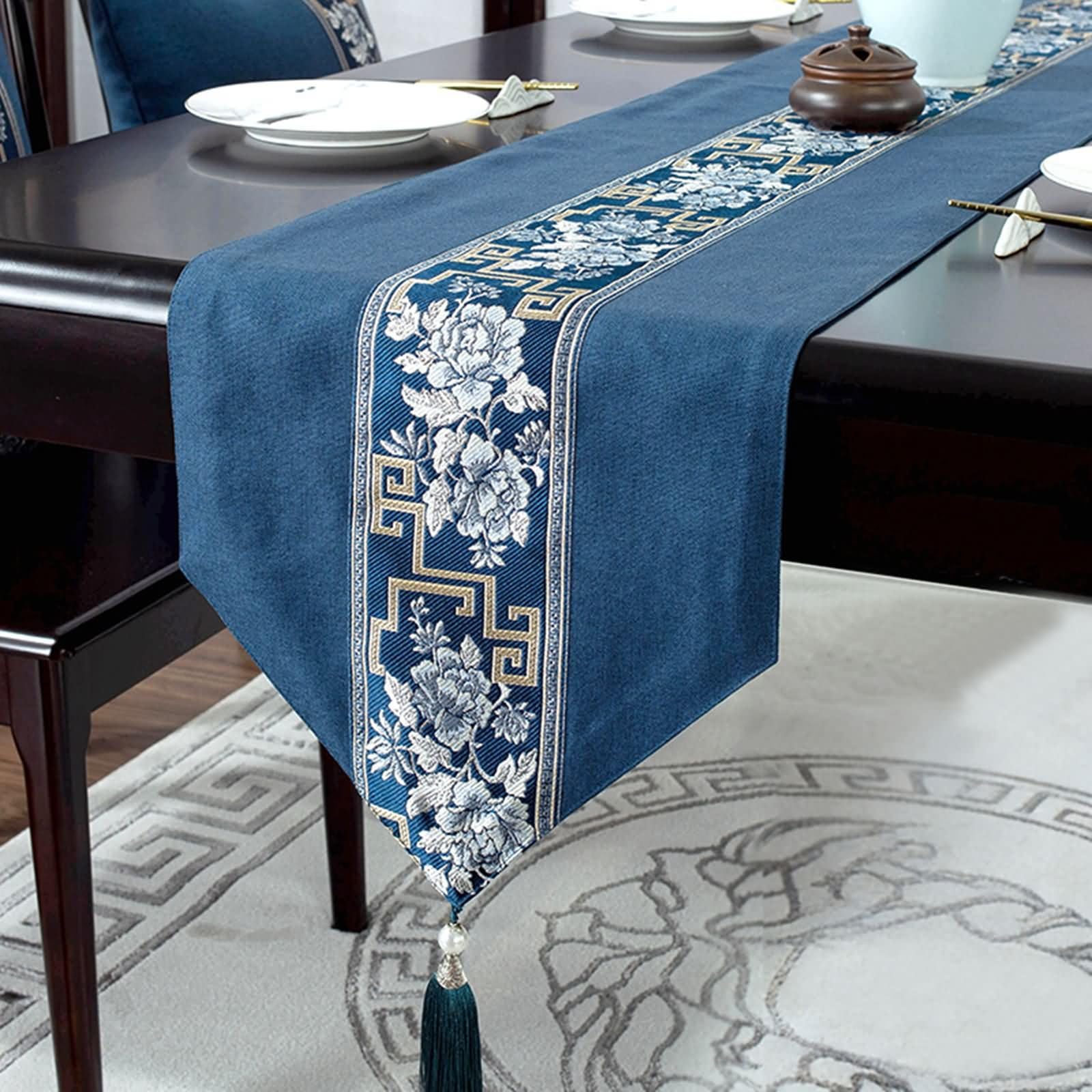 Tischläufer Landhausstil Blau mit Geblümt,Leinen Baumwolle,33x280cm