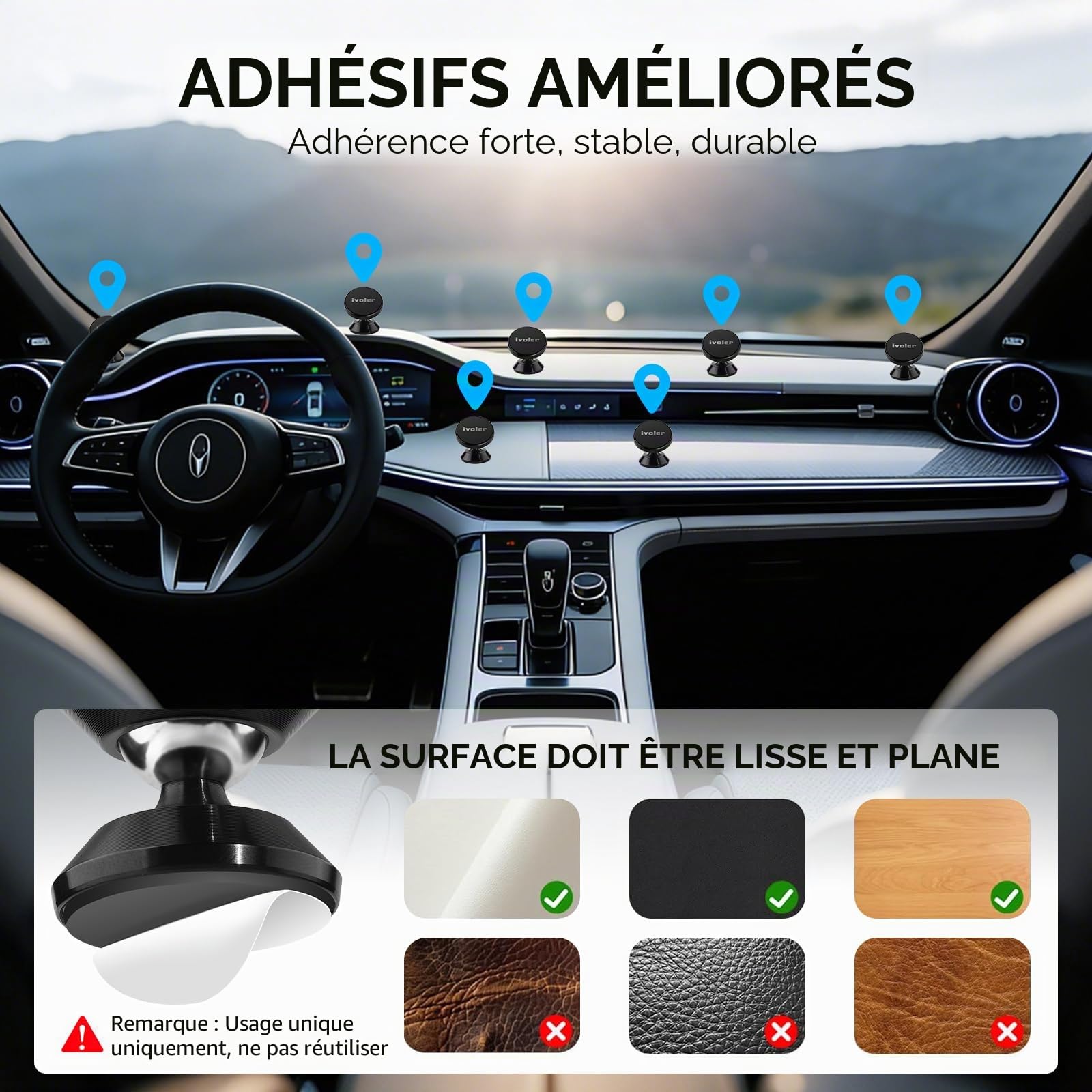 ivoler Support Telephone Voiture, [Lot de 2] Porte Téléphone Voiture Universel 360° Rotation, Magnetique Portable Aimant Adhésif pour Smartphone, Compatible pour Phones ou appareils GPS-Noir