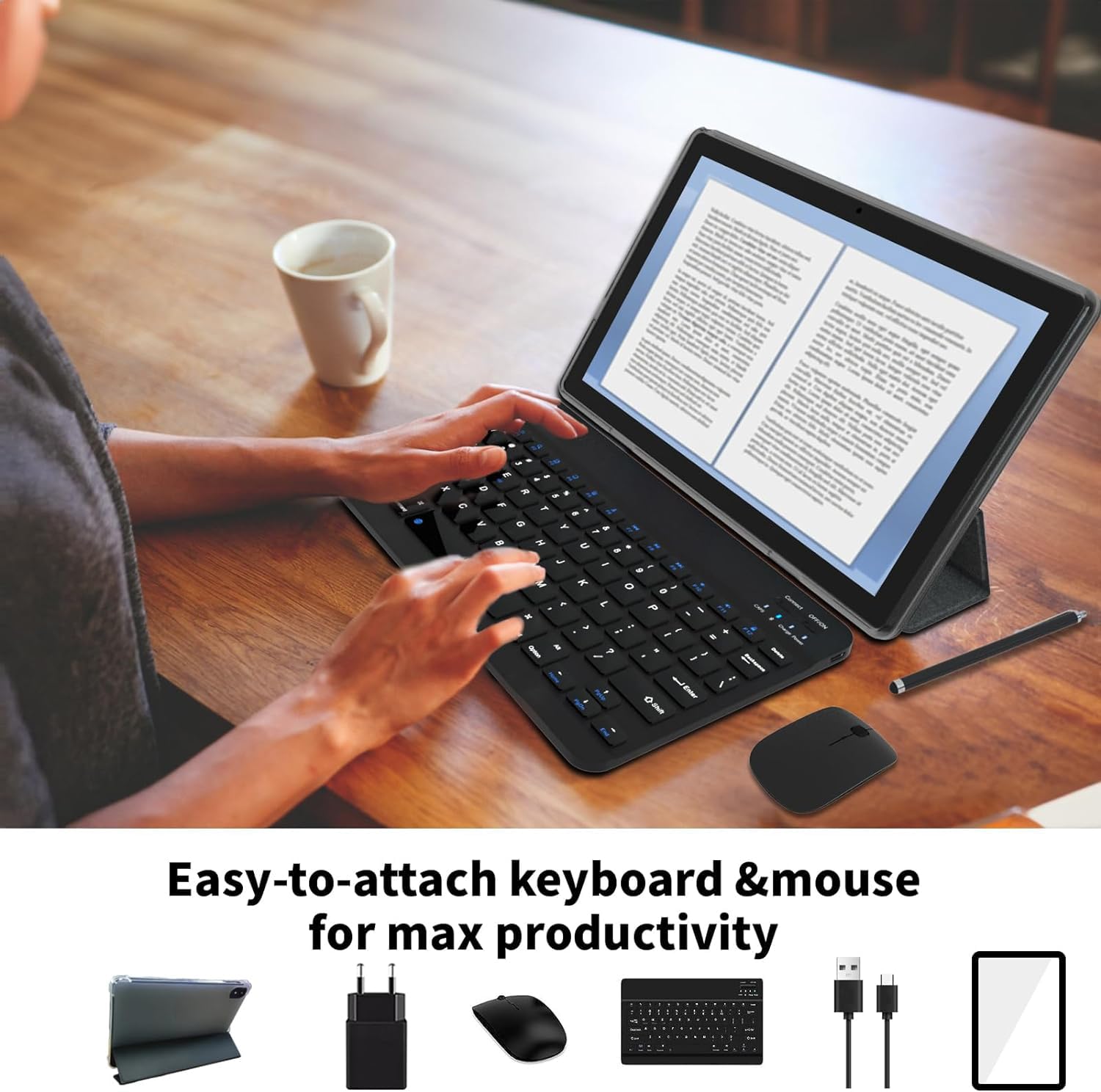 Tablet de 10,1 polegadas com Caixa, Teclado e Mouse, Android 12