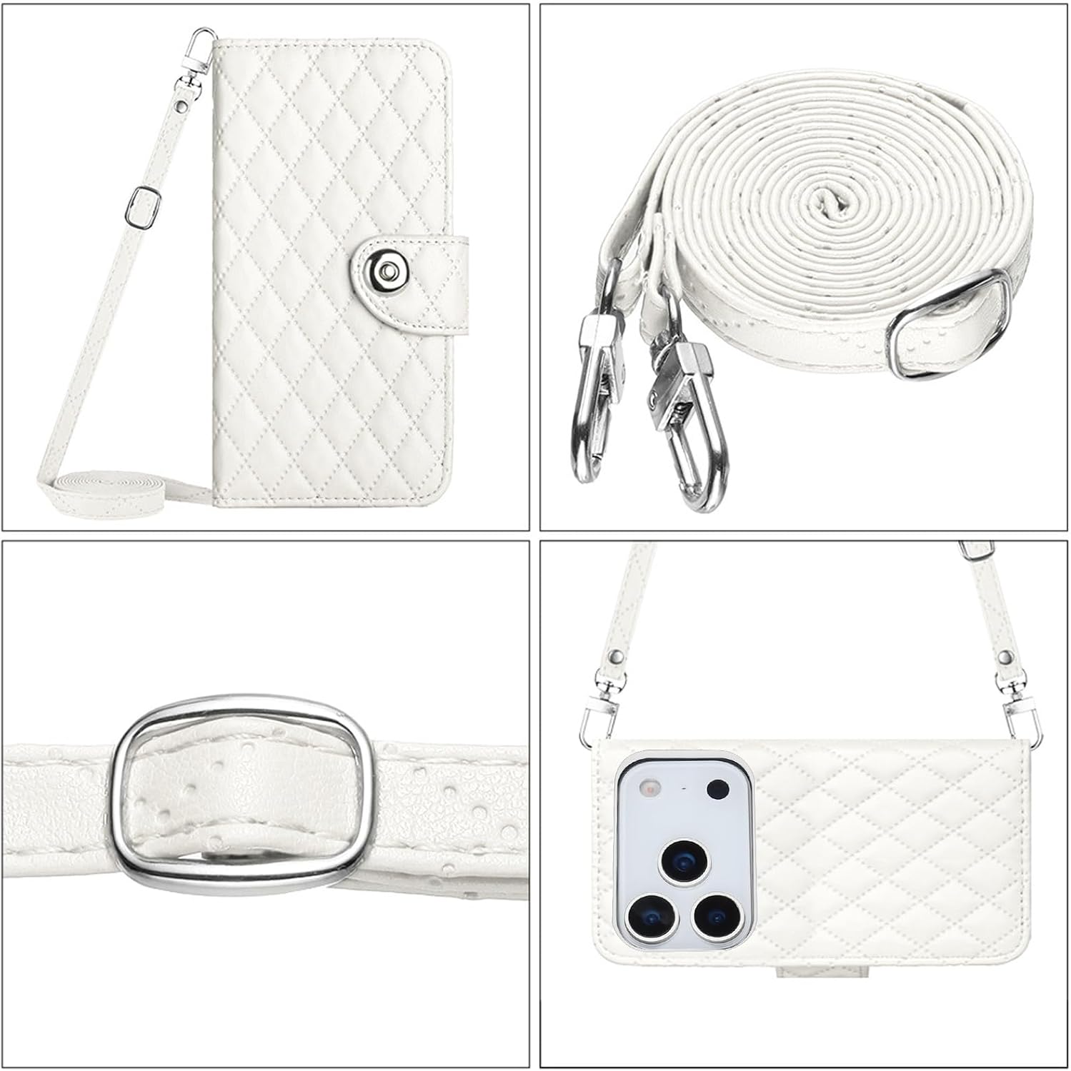 Wallet Case for iPhone 17 Pro 6.3 inch with Wrist Strap Shoulder Strap, Argyle Pattern PU Leather Flip Credit Card Holder Stand Cell Phone Cover for i Phone17 i17 17Pro Girls Women White