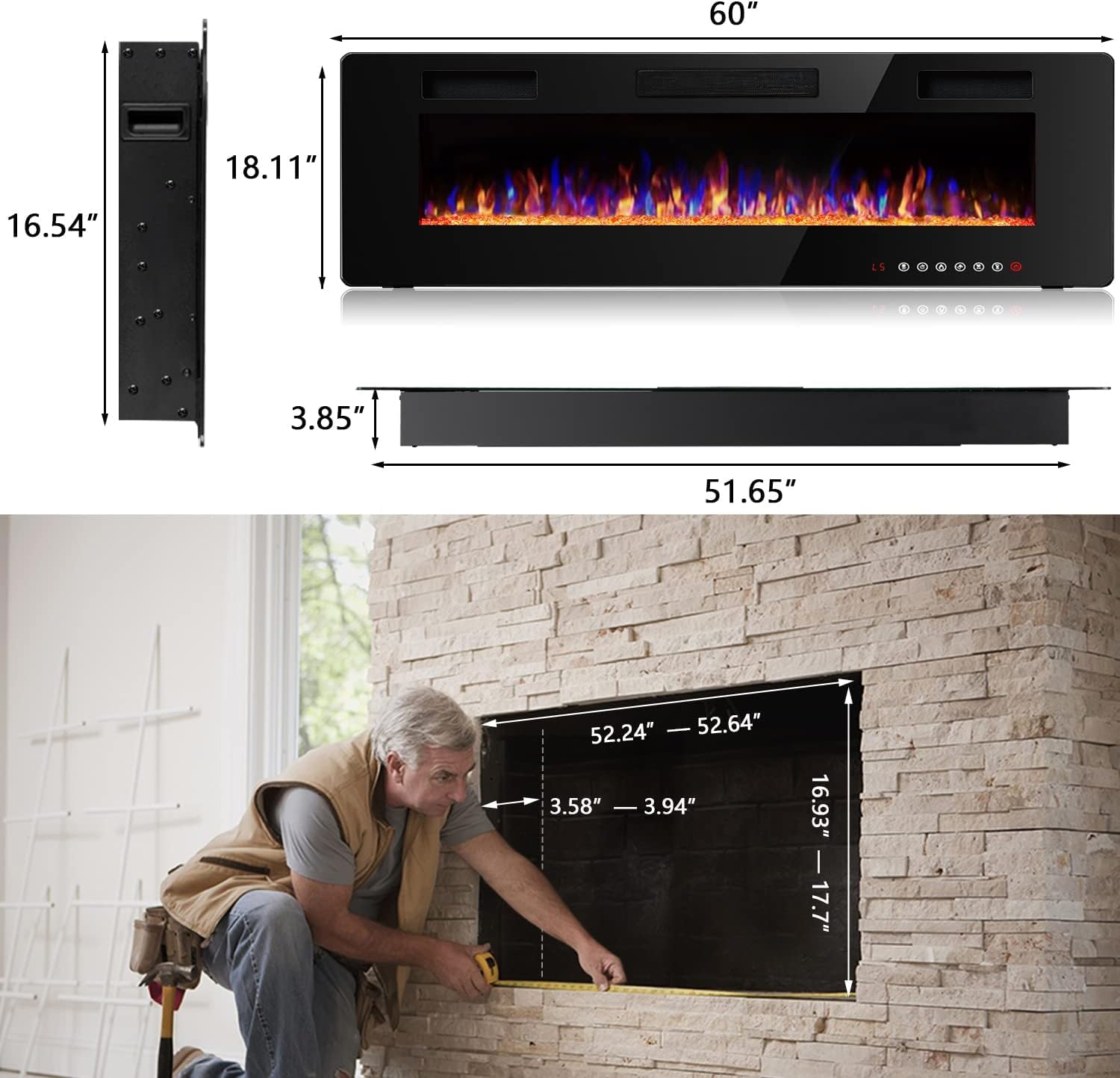 Waleaf Elektrokamin, 152,4 cm Elektrischer Kamin mit Heizung, 3D-Flammeneffekt, 12 Flammenfarben, Wandkamin und Einbaukamin mit Fernbedienung für Wohnzimmer & Innenräume, 1500W, Schwarz