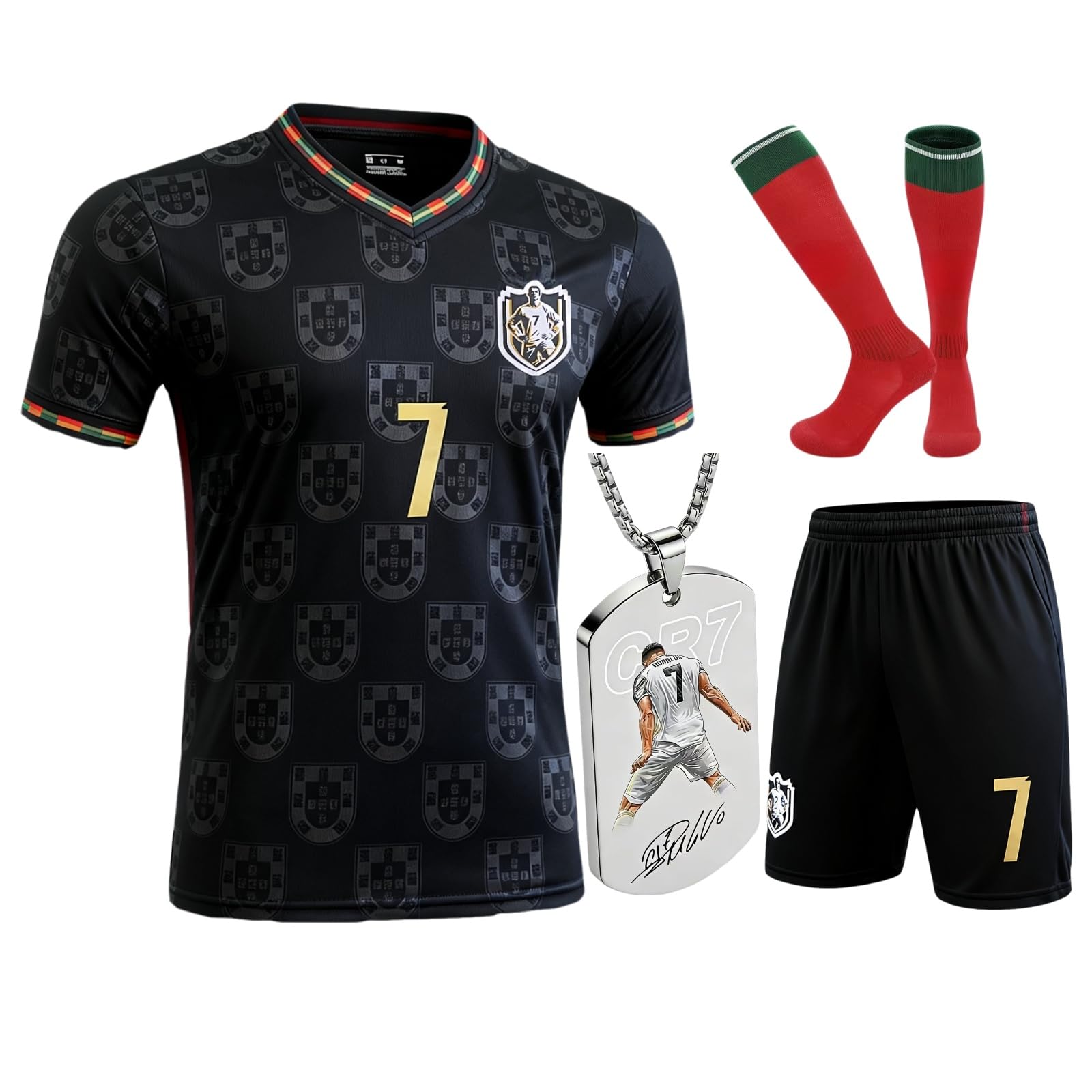 Kids Soccer Jersey Set | Uniform Kit with Shirt Shorts Socks #7 Necklace for Boys Girls,School Sports Training Match