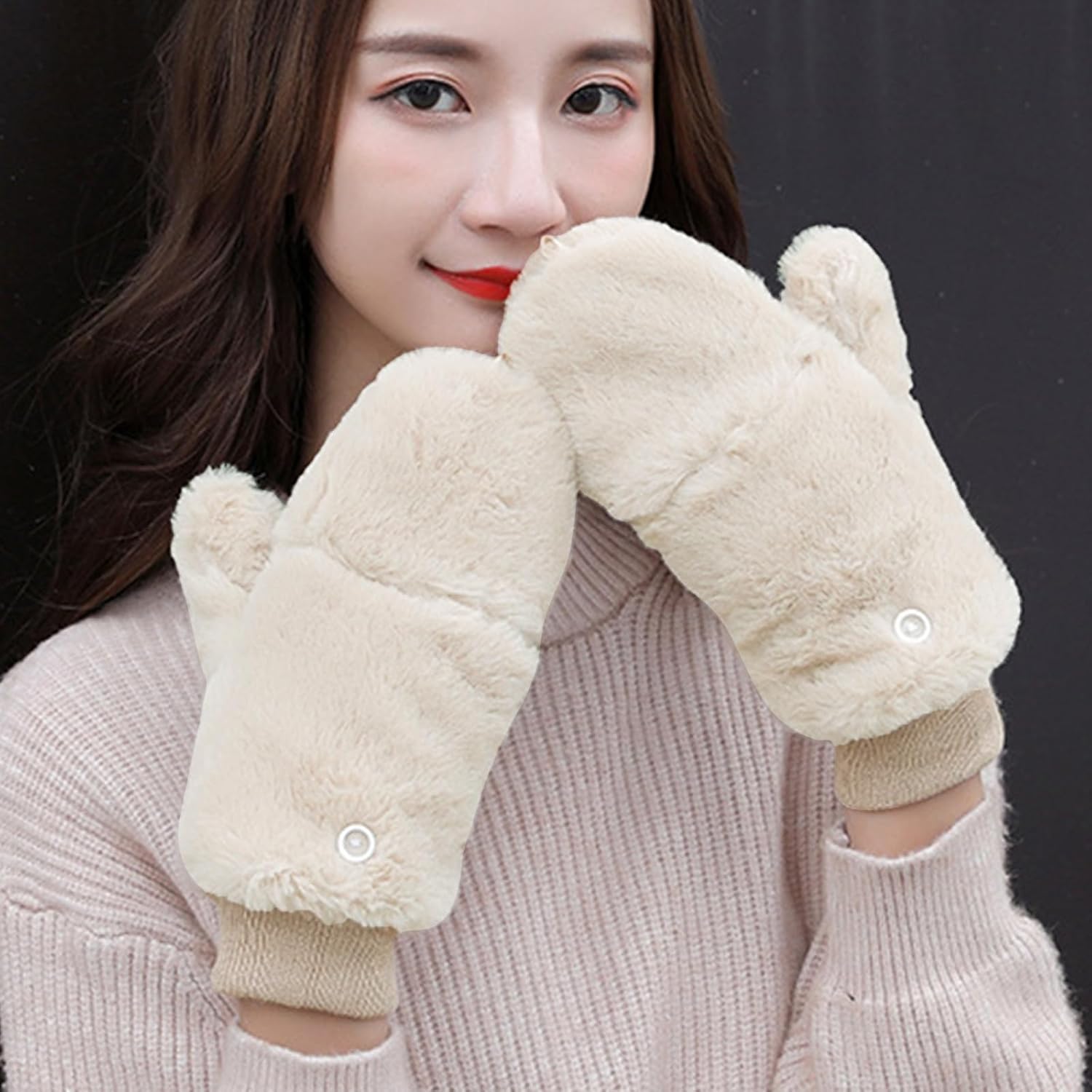 Winter Faux Fur Convertible Mittens for Women Girls Thermal Warm Half Finger Fingerless Gloves - Image 2