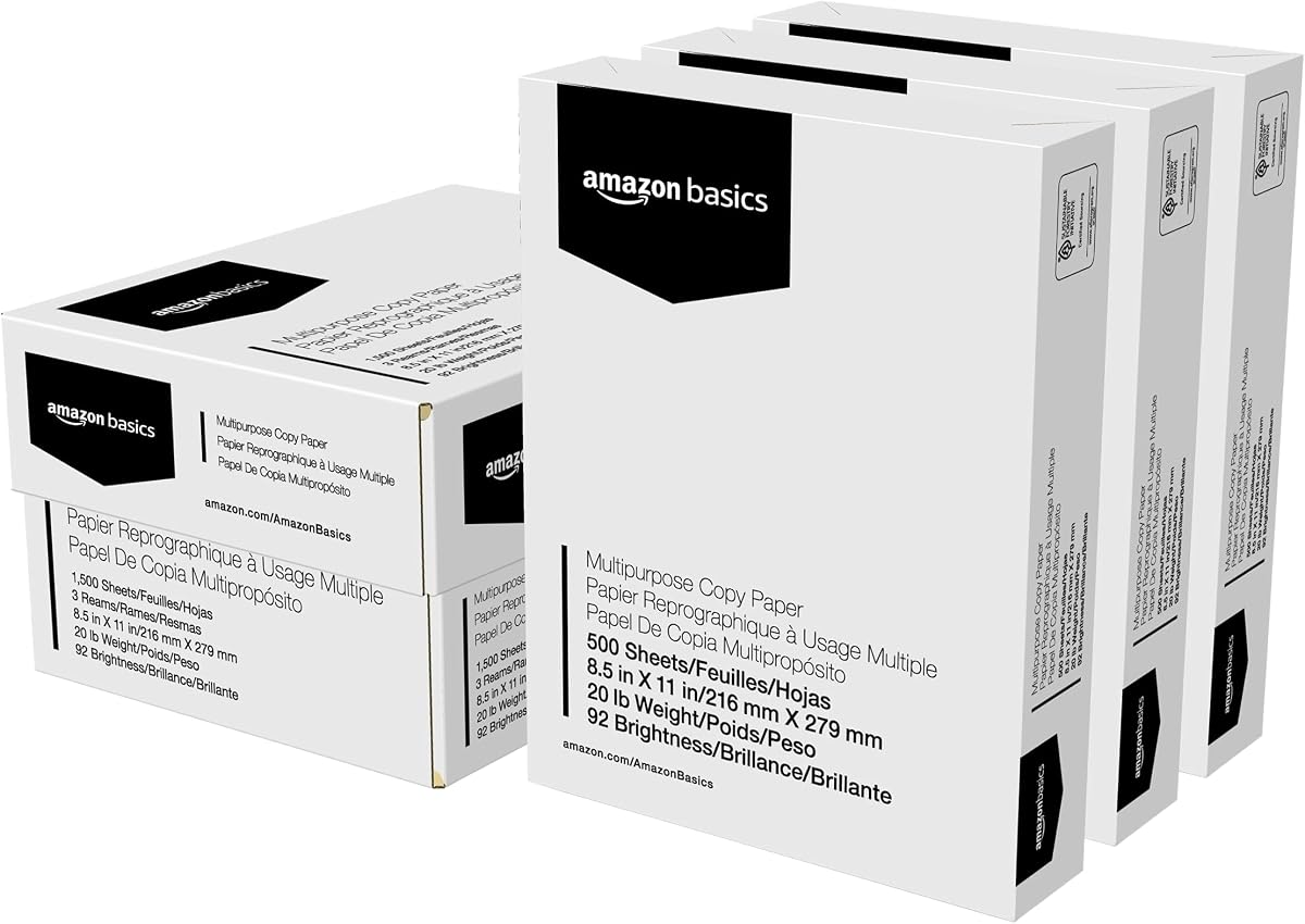 Amazon Basics Papel multiusos para impresora de copias, 20 lb, 8,5 x 11 pulgadas, 3 resmas (1500 hojas), 92 blanco brillante para uso doméstico