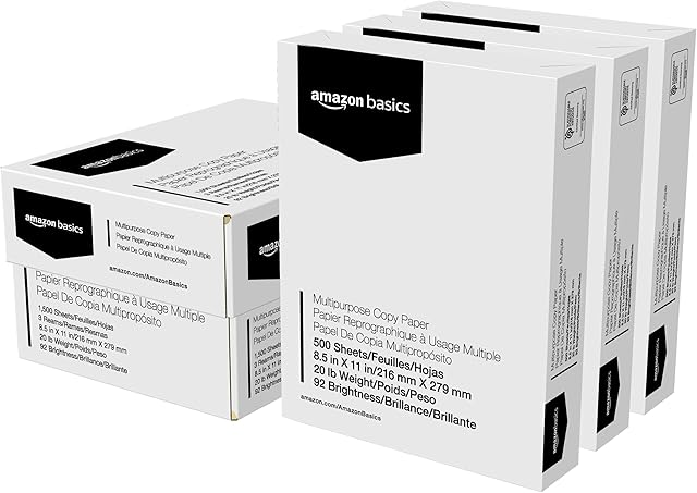 Amazon Basics Multipurpose Copy Printer Paper, 8.5" x 11", 20Lb, Pack of 3, 1500 Count, 92 GE Bright White