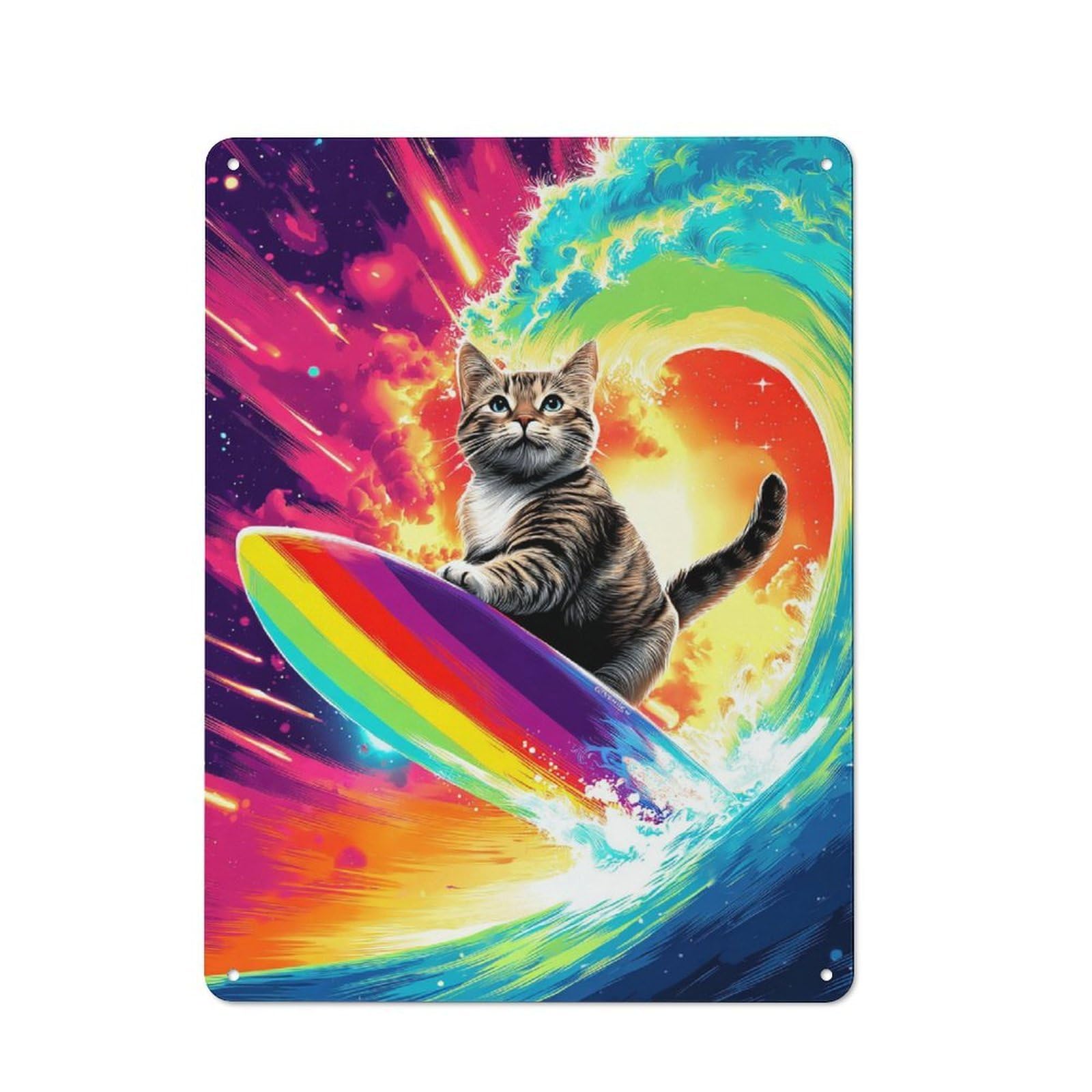 Junmoney Kitty Surfing Rainbow Wave Office Metal Sign With Design 40X30cm, Classic Study Room Decor For Office, Study, Studio Or Hallway