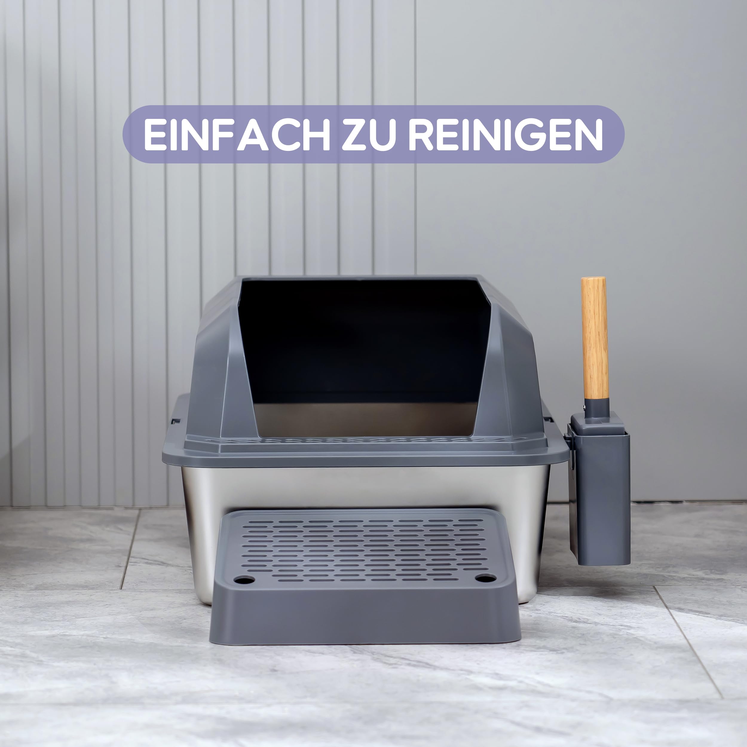 XXL Katzentoilette Aus Edelstahl Mit Deckel – 61x40x40 Cm, Front- Und Top-Eingang, Inkl. Schaufel & Matte