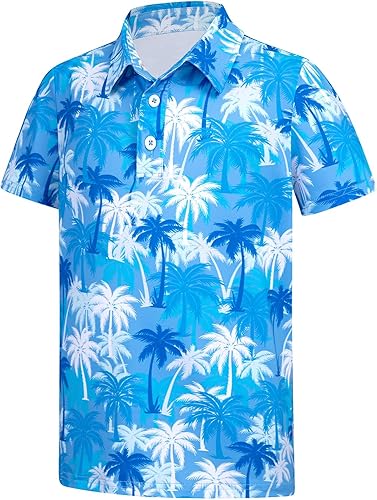 Boys Polo Shirt Size 10-12 Hawaiian Shirt Palm Tree Holiday Short Sleeve Blue Collared School Uniform Athletic Dry Fit Tops Casual Clothes