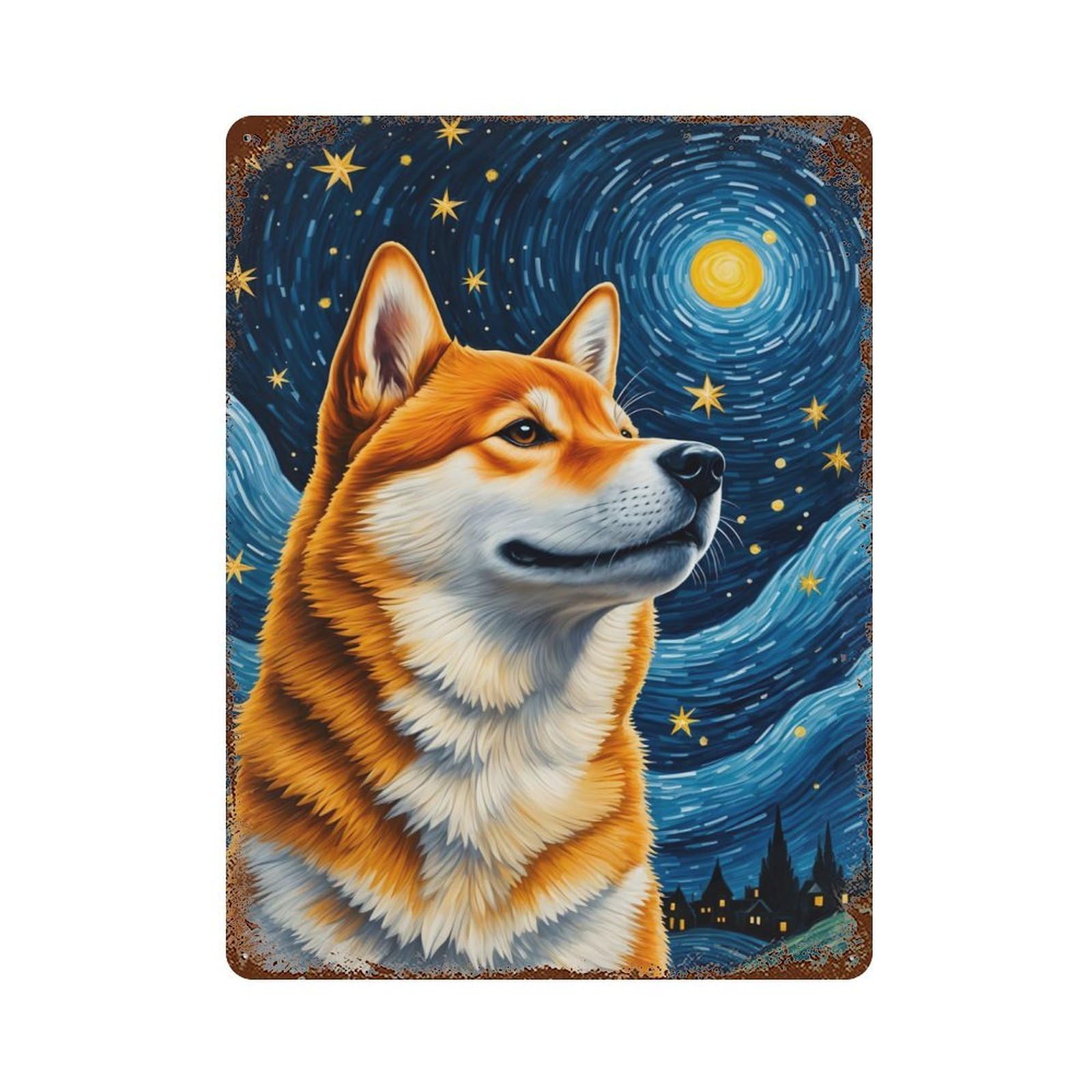 Shiba Inu Starry Night Vintage Rust Metal Sign 15.7"x11.8", Shabby Chic Decor for Garage, Pub Or Kitchen