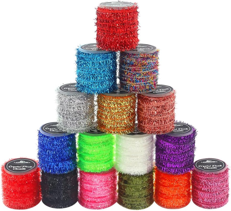 LURELINK-Crystal-Flash-Chenille-Fly-Tying-Materials-16-Colors-Sparkling-Chenille-for -Crappie -Jig Making Supplies & Fly Patterns
