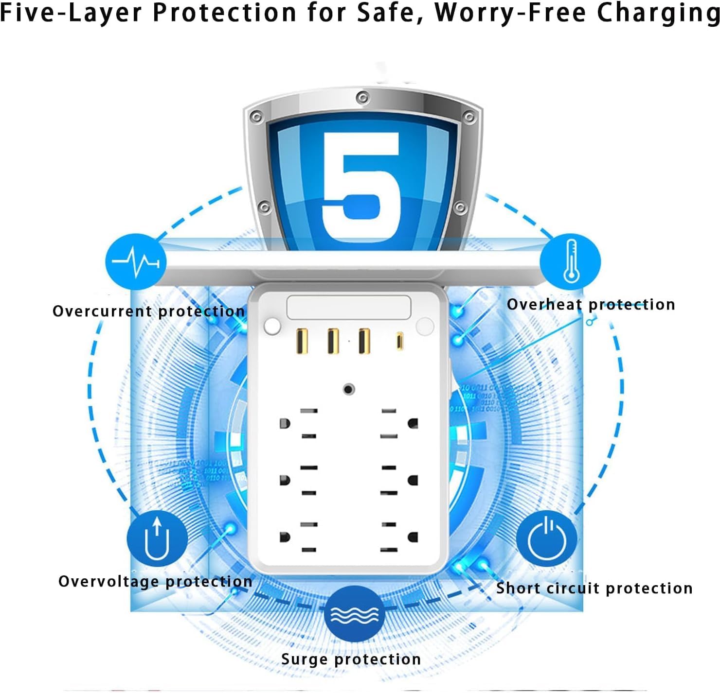 Wall Outlet Extender with Shelf Night, 2025 New Multi Plug Outlet Surge Protector Power Strip with 6 AC Outlets and 3 USB Ports 1 USB C, 11 in 1 Wall Charger for Home Travel Dorm (1pc)