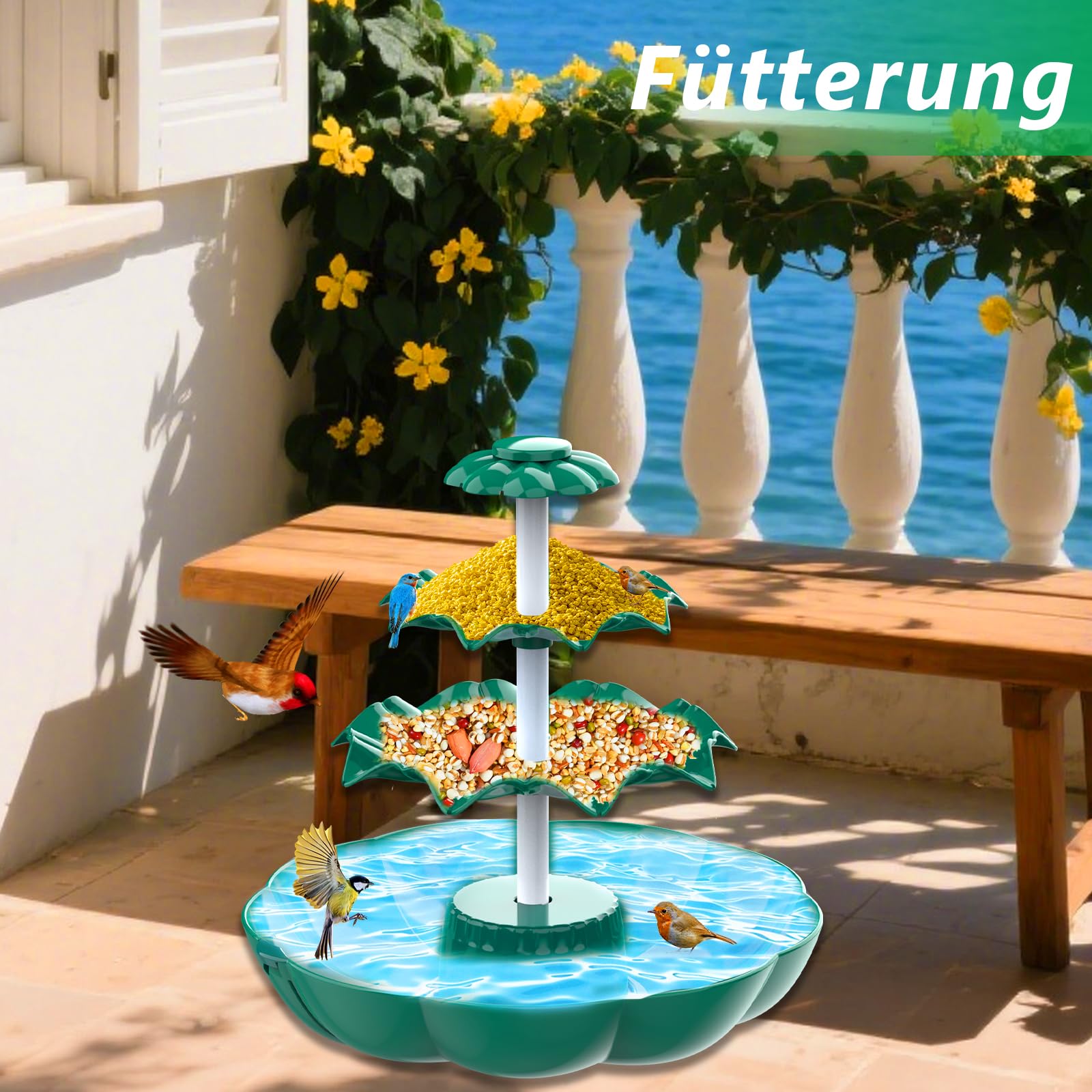 AISITIN DIY Brunnen,Vogeltränke Sets mit 6,5W Solar Springbrunnen mit Akku, 3 Stufige Vogelfütterer für Draußen,Vogelbad und DIY Solarbrunnen Abnehmbar und Geeignet für Garten,DIY Wasserspiel