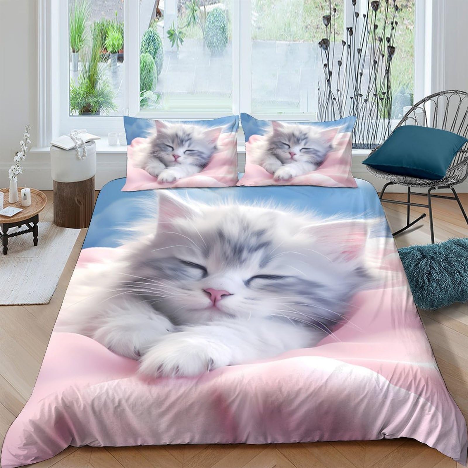 Ctjqhvkz Style-3 3D Printed Fluffy Cat Fitted Sheet Microfiber Soft Pink Bedroom Decor Kitten Bed Cover Adult Teen Single（135X200cm）
