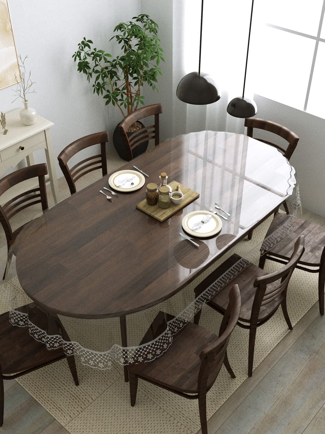 Clasiko 8 Seater Oval Dining Table Cover; 60x108 Inches; Material - PVC; Anti Slip; Silver Tipping Lace (B0C5HWM5HS) Amazon Price History, Amazon Price Tracker