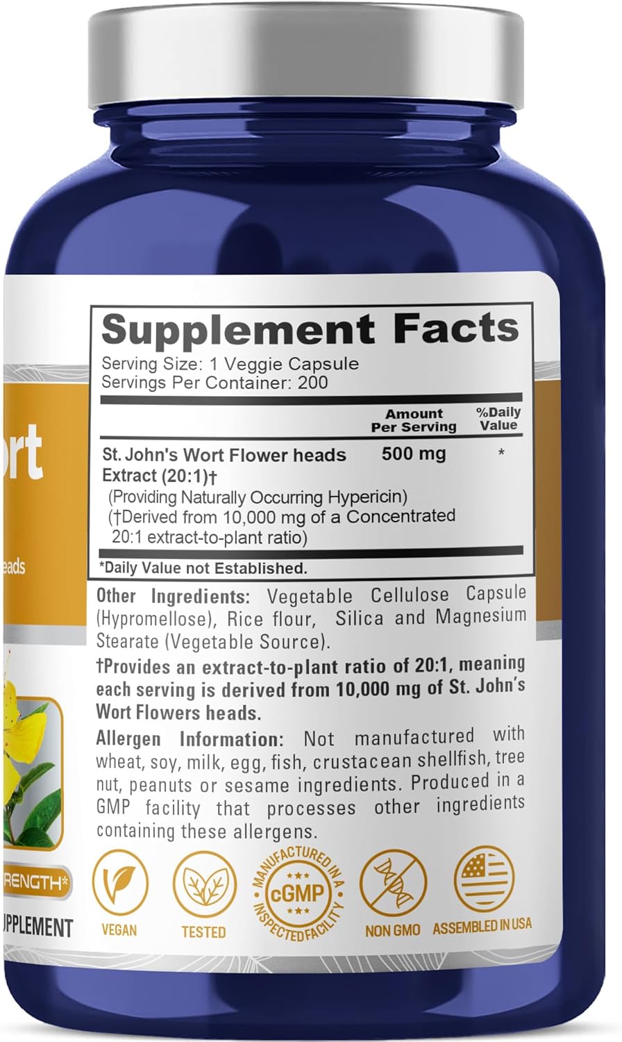 NusaPure St. John's Wort Extract 20:1 - Suitable for Vegetarian/Vegan, Non- GMO - 10,000mg - 200 Capsules - Image 2