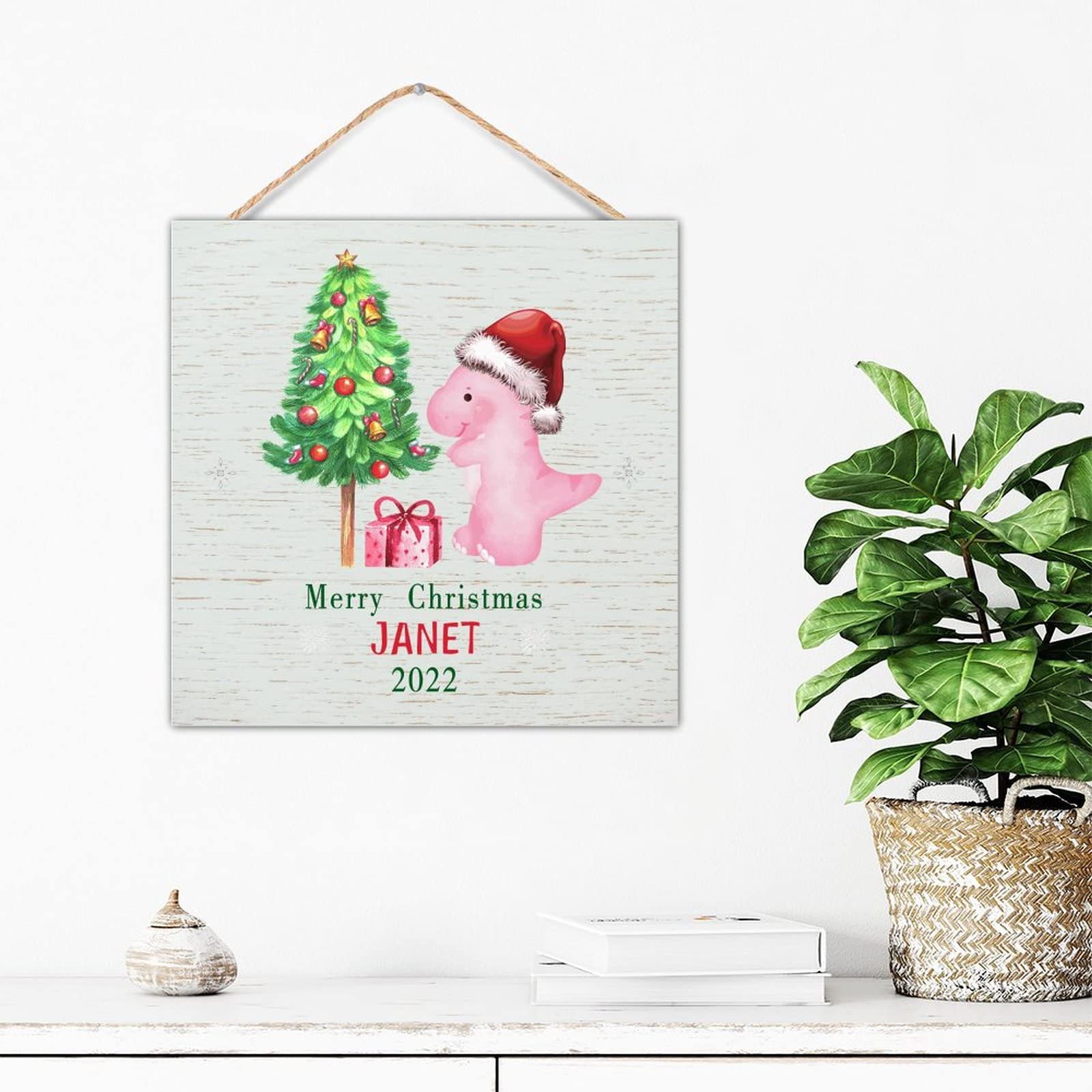 Cadeau personnalisé premier Noël bébé panneau dinosaure bois peint salon