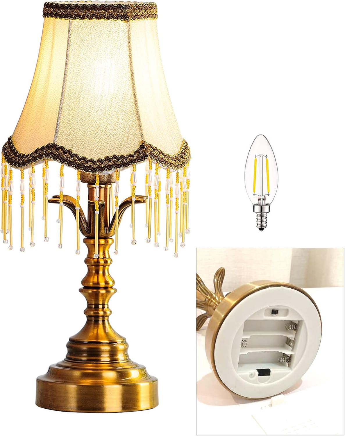 Small Mini Vintage Table Lamps Cordless，Entry Way Table Home Decor Wireless Tabletop Desk LED Light-Tassel lampshade