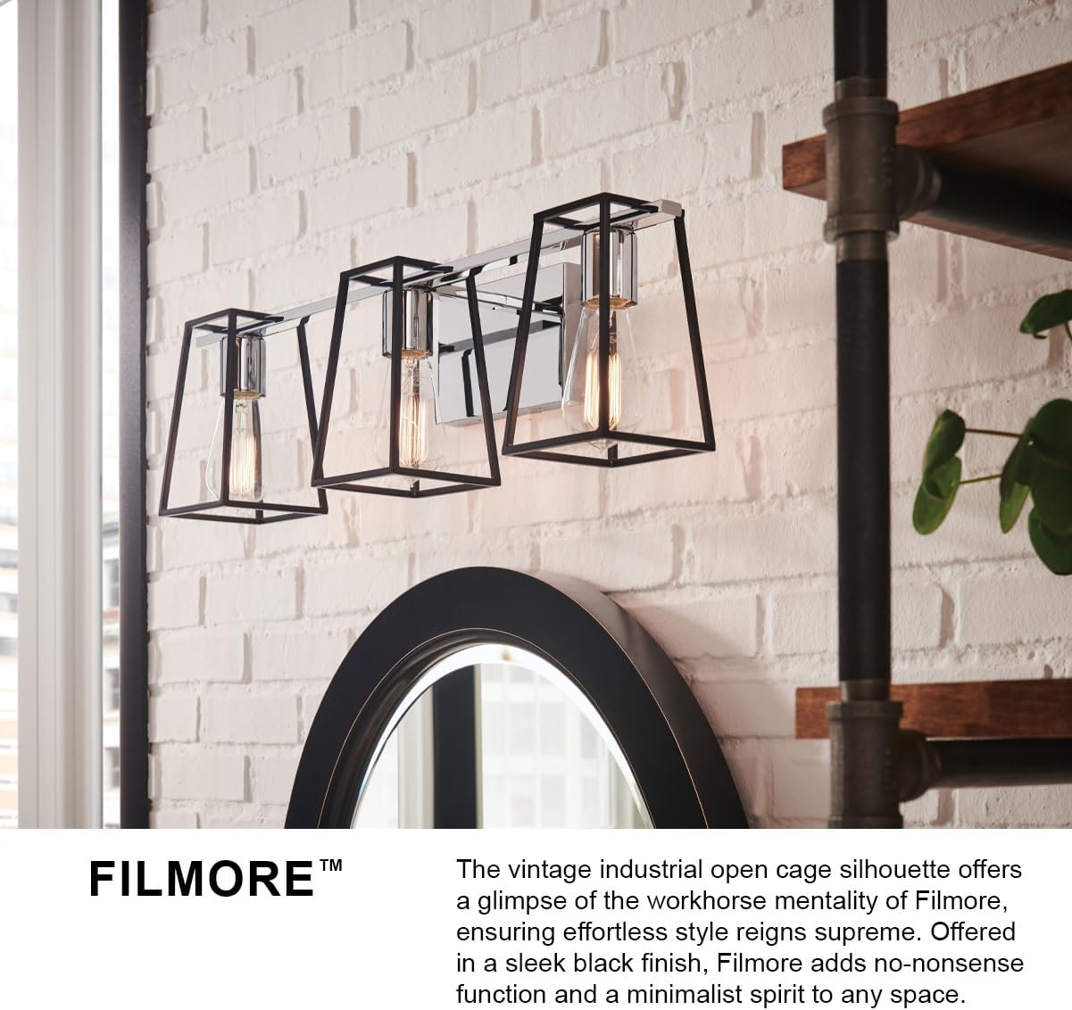 Hinkley Filmore Two Light Bath Vanity Fixture, Modern Industrial Trapezoid Open Cage, Mount Up or Down, in Heritage Brass and Oil Rubbed Bronze Accents