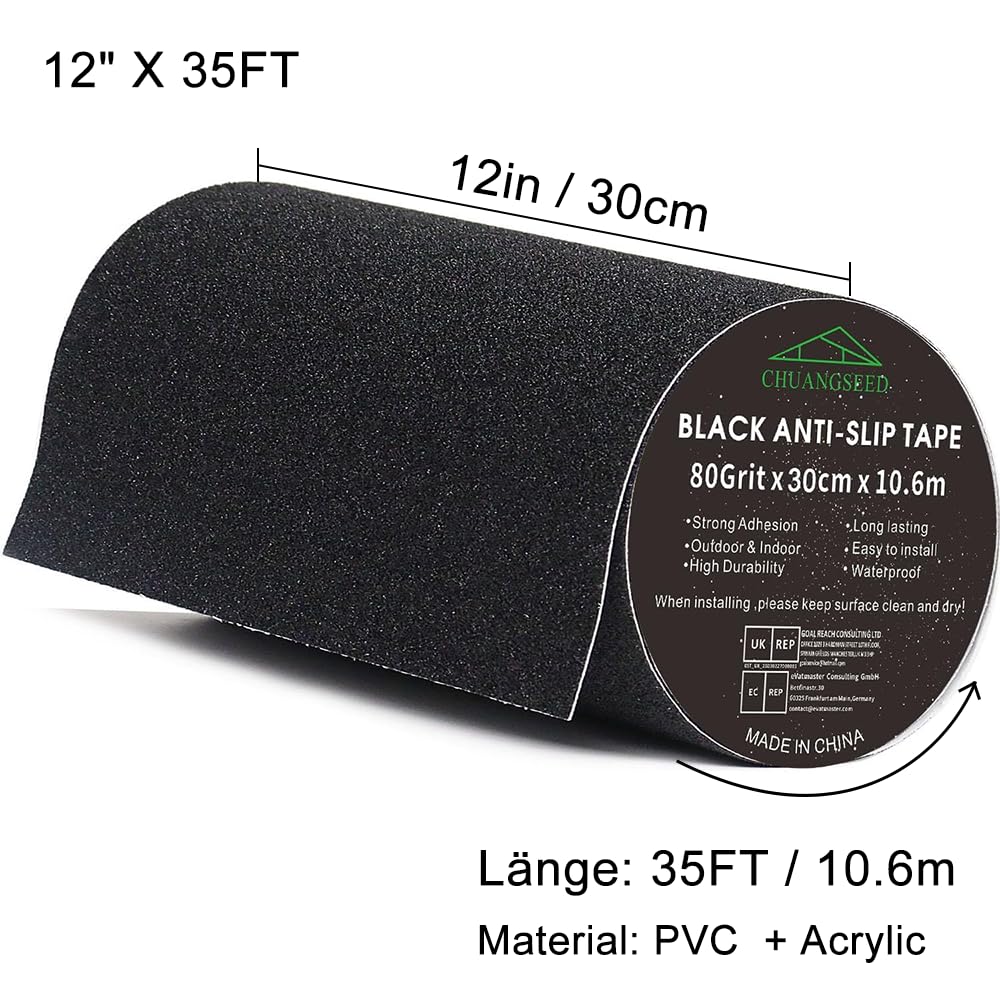 CHUANGSEED Nastro antiscivolo nero 10 cm x 10,6 m High Grip antiscivolo per scale, gradini, per interni ed esterni (nero 10 cm x 10,6 m) (30 cm x 10,6 m)
