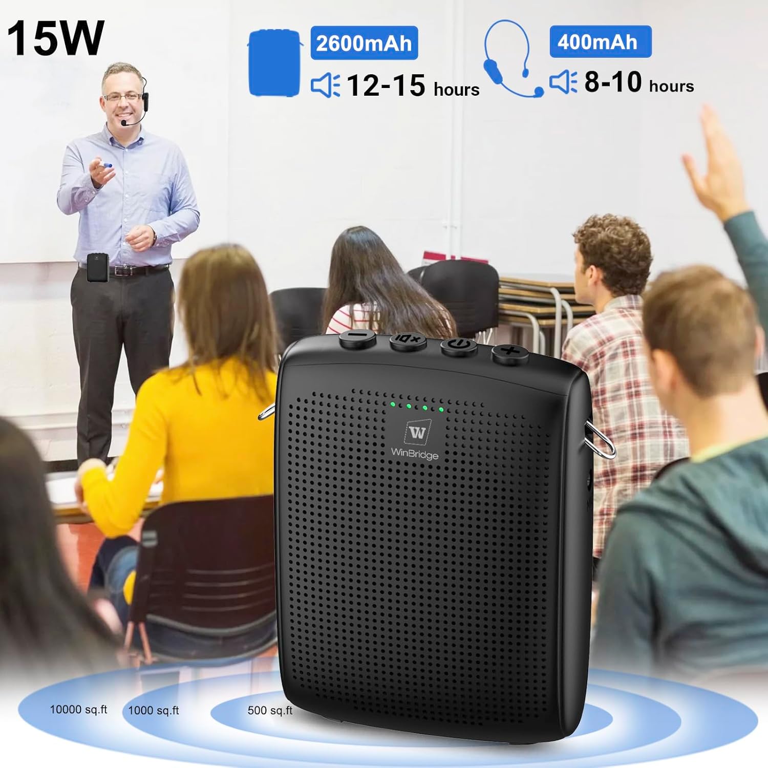 WinBridge Voice Amplifier with Bluetooth, Portable Speaker and Microphone Set, Wireless Mic Headset Speaker for Teachers, Tour Guide, Public Speaking, Fitness Instructors, Features Mute, 15W WB002 - Image 3