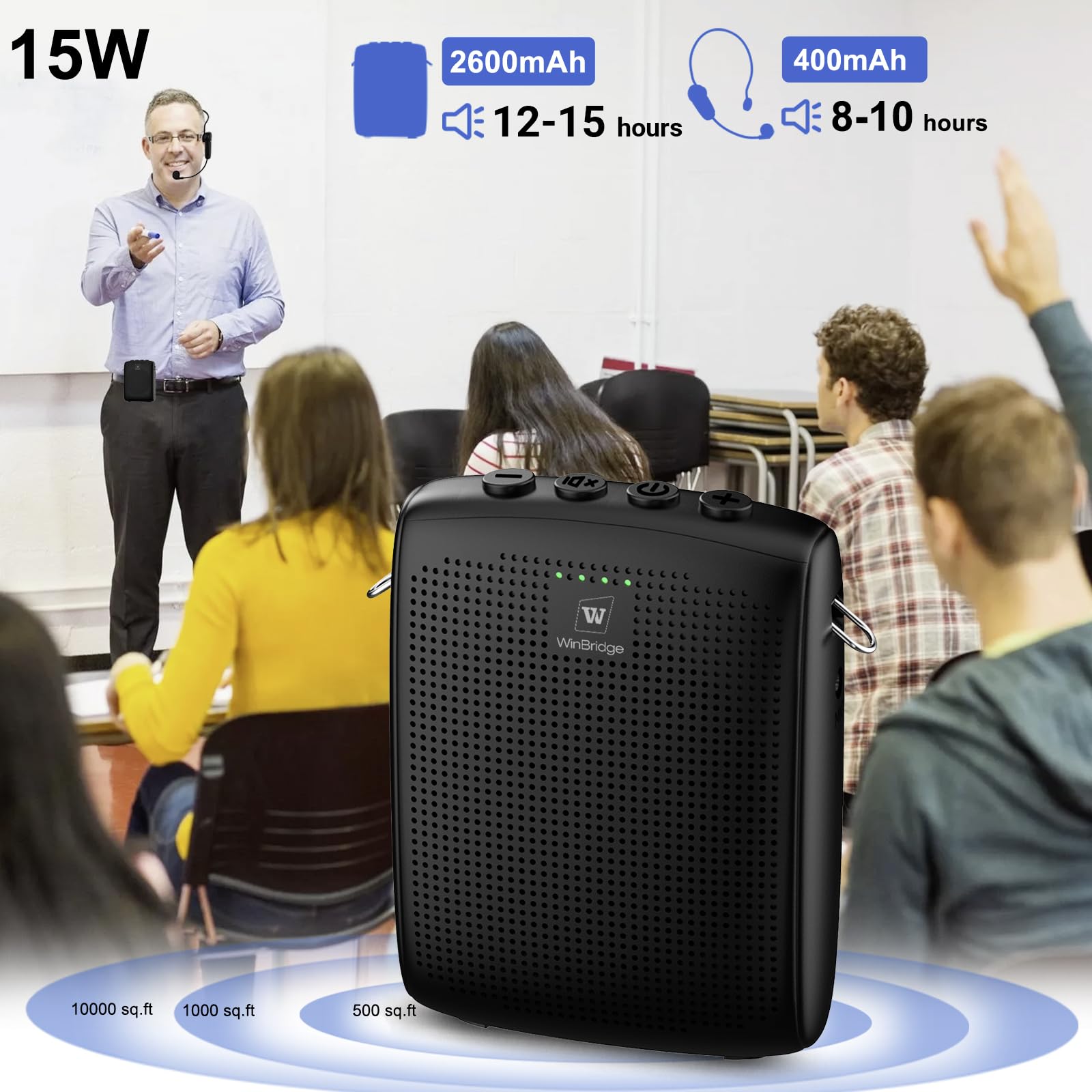 WinBridge Amplificador de Voz con Bluetooth, Kit de Altavoz Portátil y Micrófono, Altavoz con Micrófono Inalámbrico para Profesores, Guías Turísticos, Habla en Público e Instructores de Fitness, WB002