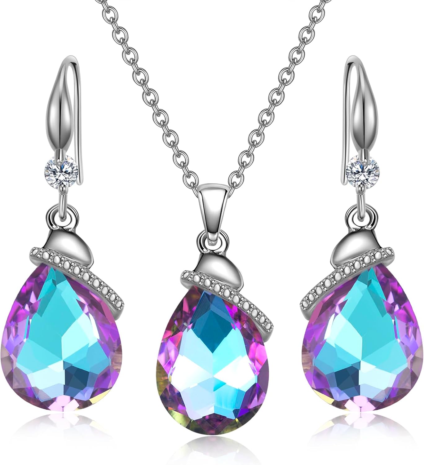 Crystal Jewelry Sets for Women, Teardrop Oval Pendant Necklace and Earring Rhinestone Dangling Sets Birthday Anniversary Wedding Mother’s Day Gifts for Women