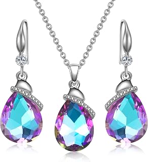 Crystal Jewelry Sets for Women, Teardrop Oval Pendant Necklace and Earring Rhinestone Dangling Sets Birthday Anniversary Wedding Mother’s Day Gifts for Women
