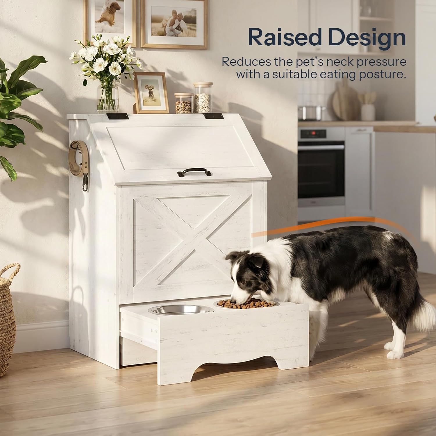 HOOBRO Dog Feeding Station with Sliding Drawer and 2 Hidden Bowls, Pet Feeding Station with Flip-Up Door, Dog Food Storage Cabinet with 2 Hooks for Living Room and Bedroom, Cloud White WT03PO03