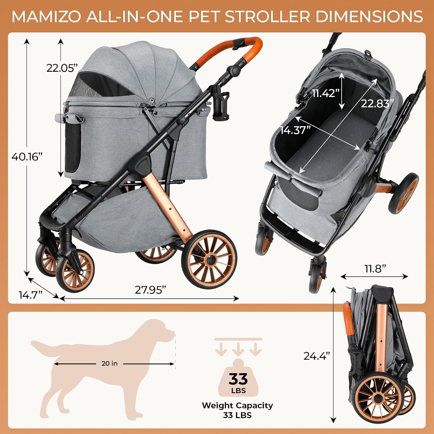 MAMIZO Foldable Dog Stroller for Medium Dogs Cats Up to 33 Lbs, Adjustable Height Handle, Pet Stroller with Aluminum and Carbon Steel Frame, Sun Shades, Storage Basket & Shock Absorbers, All-Terrain