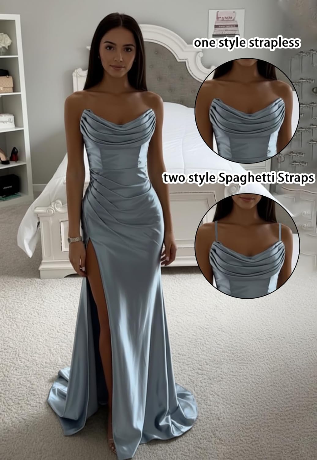 Strapless Satin Prom Dresses with Slit Long Mermaid Formal Bridesmaid Dresses for Women