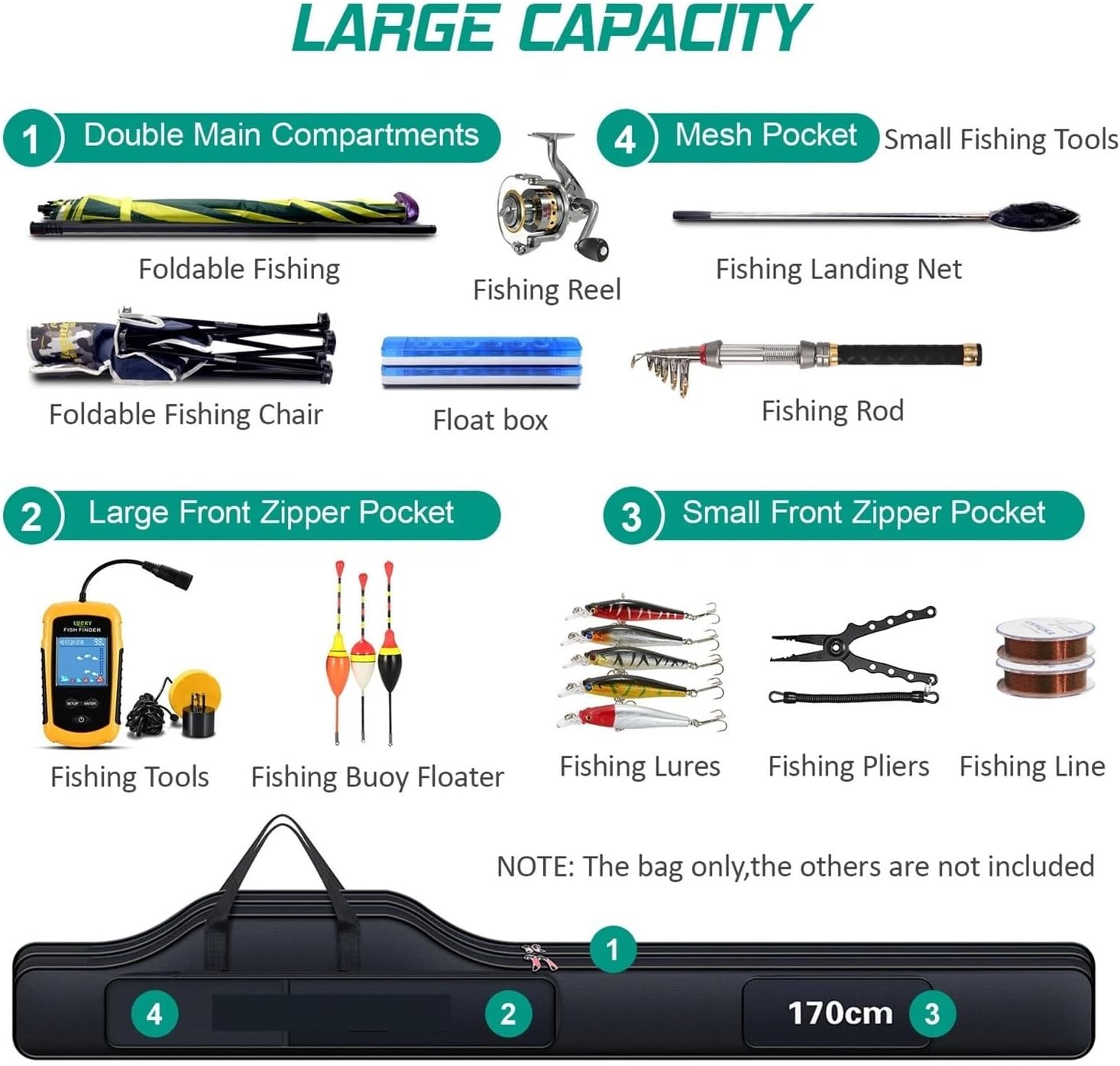 PETRELS Fishing rod bag 170cm Fishing Bag Portable Folding Fishing Rod Reel Bags Fishing Pole Gear Tackle Tool Carry Case Storage