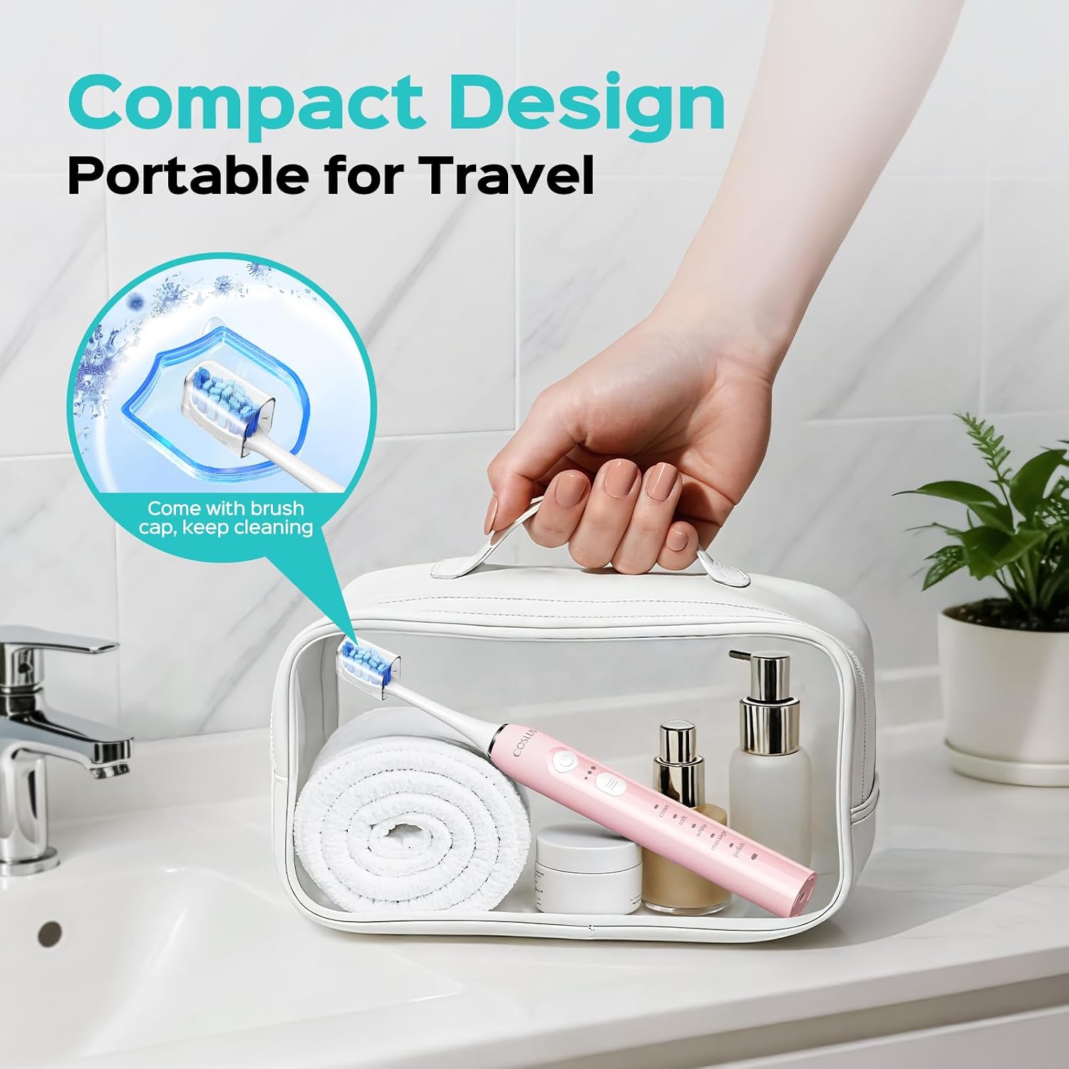 COSLUS C30 Electric Toothbrush for Adults, Effective Yet Gentle Ultra-Clean | 3 Intensities & 5 Modes, 2 Types Soft or Medium Firm Heads, Daily Care, Compact for Travel Home Family Use, 1PC, Pink