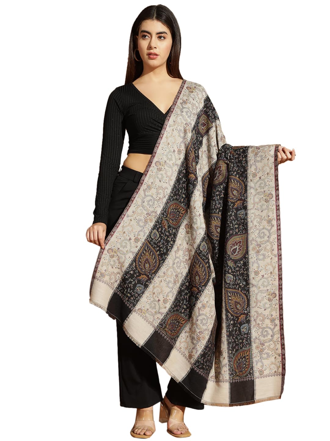 zamour Women's Kani Dual Tone Luxury Kashmiri Shawl, Large Floral Motifs, Soft Wool Material, Winter Woolen Pashmina Feel Wrap-picture-31
