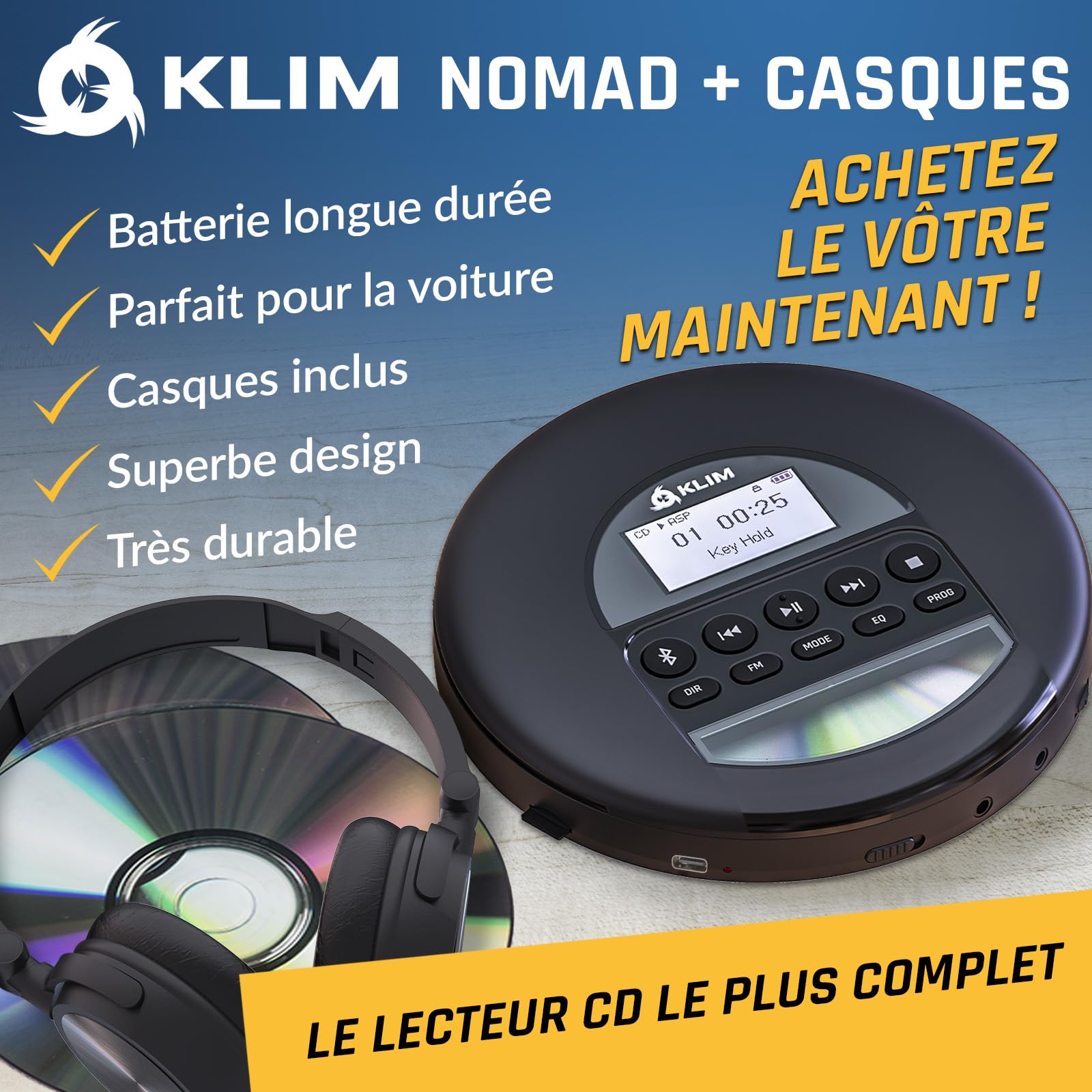 Nomad Lecteur CD Portable Bluetooth - Batterie Longue Durée - avec Casque | Écouteurs Inclus, Double Port Audio, Carte TF, Radio FM, Protection Anti-Saut, Câble AUX Voiture - Noir