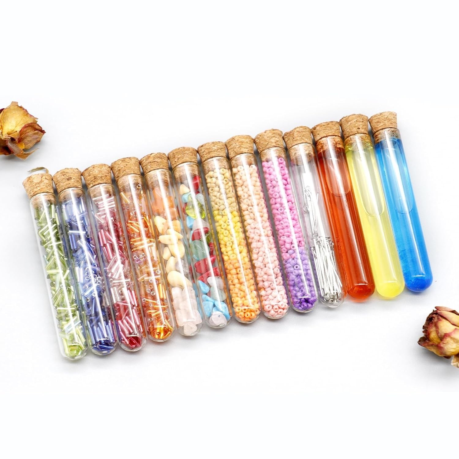 Szklane probówki, mini szklane butelki słoiki, 10 szt./partia średnica 12 mm ~ 35 mm szklane przezroczyste okrągłe dno pojemniki probówki z korkiem do majsterkowania, użytku laboratoryjnego, dekoracji