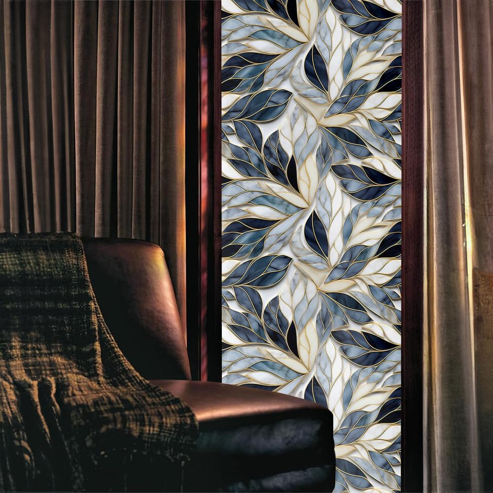 Modern Grey White Black Floral Leaf Mosaic Stained Glass Window Films Decorative Double-Side Privacy Film Self-Adhesive Static Glass Clings for Living Room Bathroom Decor