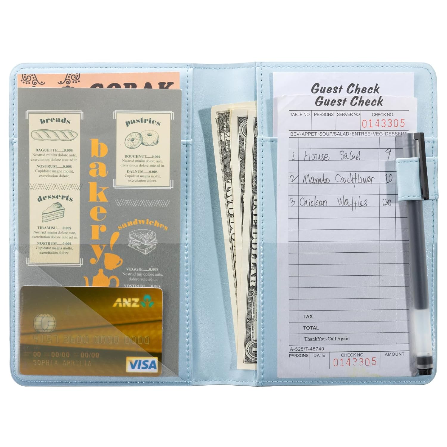 CoBak Server Book – Compact Organizer with Clear and Money Pockets, Pen Holder, Fits Apron Perfectly, Leather Waitress Book