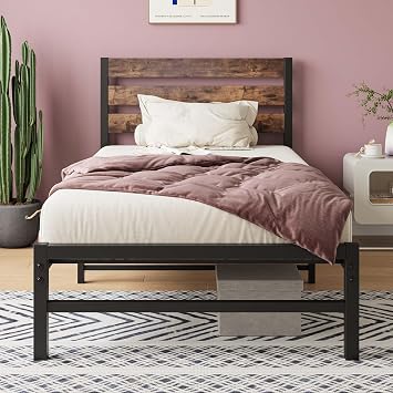 Twin Size Platform Bed Frame with Rustic Vintage Wood Headboard, with Metal Slats Support and Under-Bed Storage, No Box Spring Needed, Easy Assembly Brown, Twin