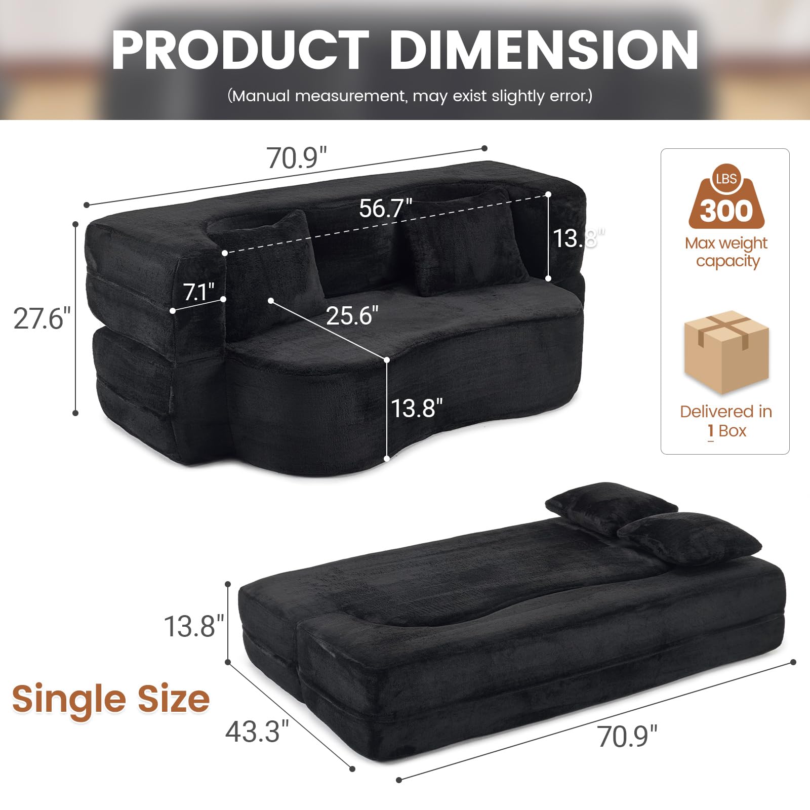 Orynveela Convertible Folding Sofa Bed, 78” Full Size Floor Sleeper Couch, Chenille Full Foam Futon Loveseat for Living Room Bedroom, No Assembly Required (Green): 71" Black