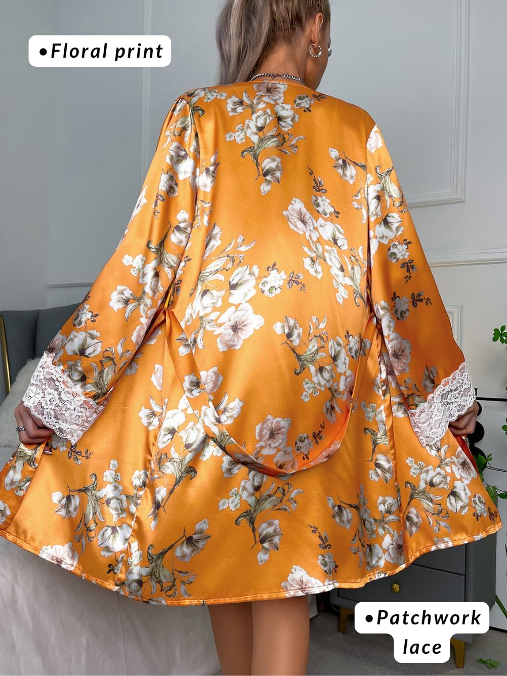ChiaoLezhee Women's Silk Satin Pajama Sets, Sexy Lace Lingerie with Printed Robe, 3 Piece Pjs for Bridal Shower Gifts