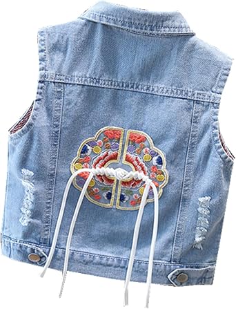 Baby Little Girls Denim Vest Chinese Style Embroidered Vest Sleeveless Cowboy Jacket Coat