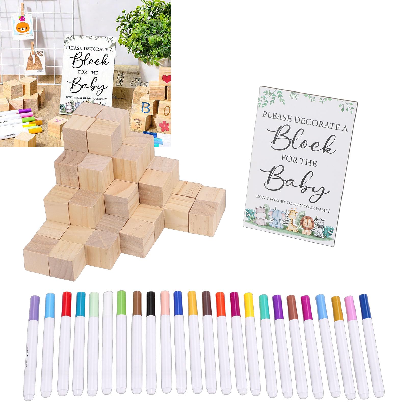 Cryfokt Baby Shower Udekoruj Zestaw Gier z Klocków za pomocą 75 szt. Solidnych Drewnianych Klocków do Spersonalizowanej Zabawy i zajęć na Baby Shower (Zestaw upominkowy z grami na)