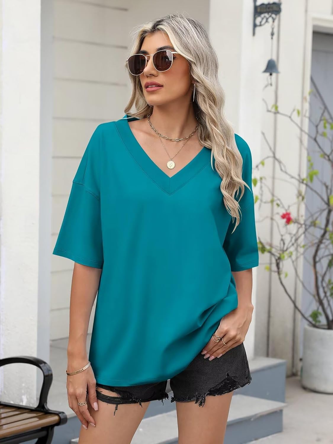 Womens Cotton Ribbed Trim V Neck T Shirts Oversized Short Sleeve Tees Trendy Loose Fit Tops Summer Clothes 2026 - Image 2