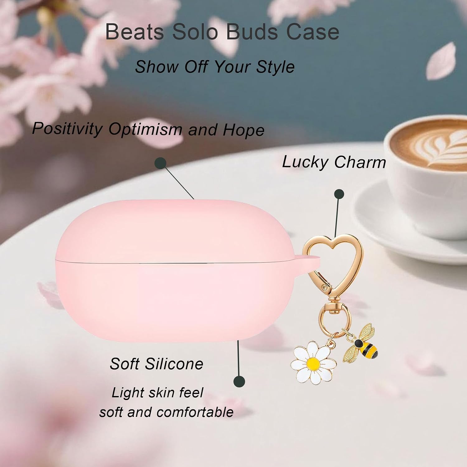 for Beats Solo Buds Case Cover with Cute Bee Daisy Flower Charm Keychain,Soft Silicone Skin Cover Shockproof Protective Case Accessories for Beats Solo Charging Case for Women Men Pink image 5