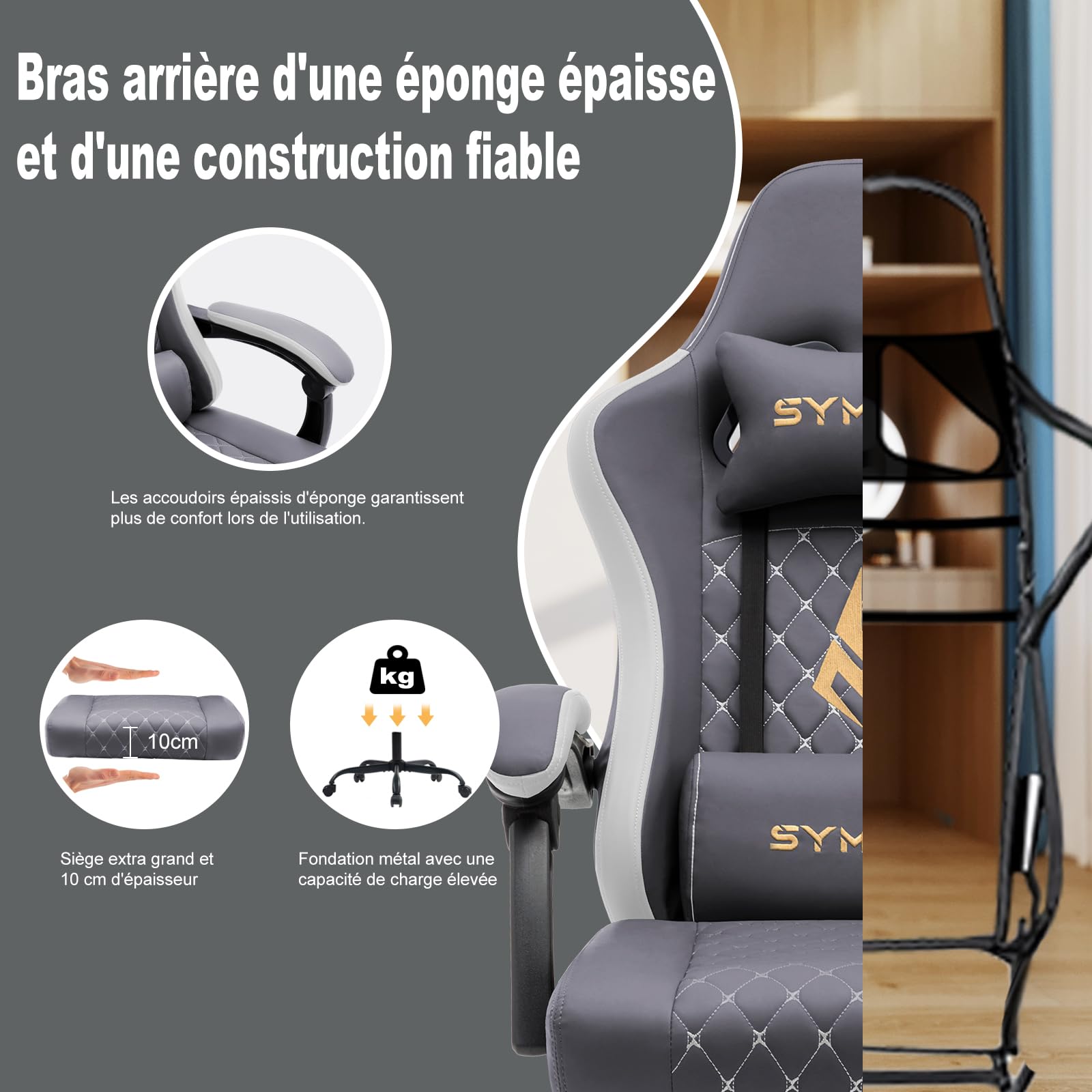 Symino Silla Gaming Ergonómica con Asiento de Espuma Alta Densidad – 150 kg, Reclinable con Soporte Lumbar, Reposabrazos Ergonómicos, Giratoria 360° para Oficina y Escritorio