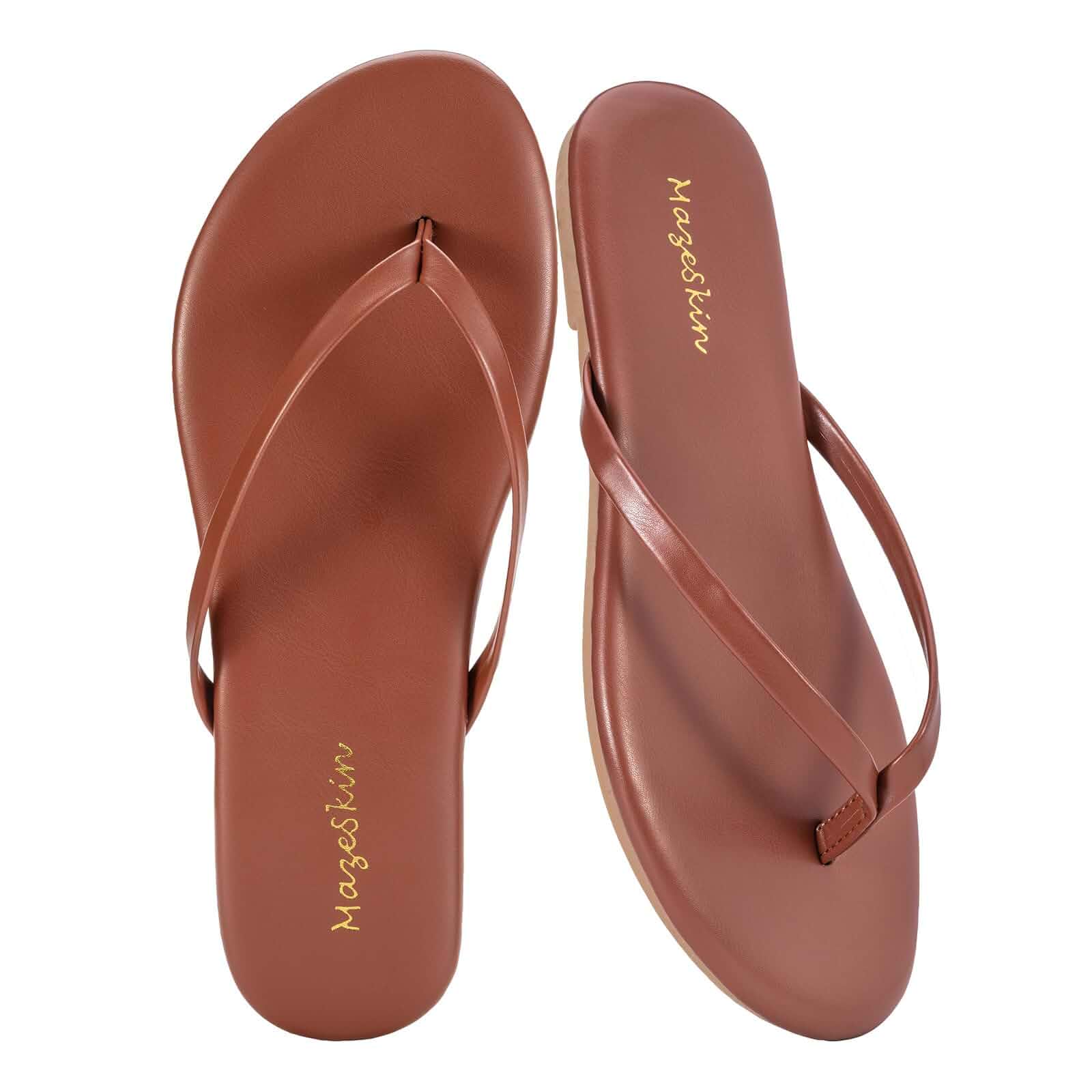 mazeskin Womens Memory Foam Flip Flops Flat Thong Sandals Soft Vegan Leather Comfortable Cushioned Casual Dressy Beach Summer Minimalist Slim Slide Shoes Indoor Outdoor